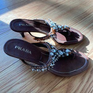 Prada Size 37 1/2 (Size 7 1/2US) Crystal Beaded Brown Leather Thong Mules Heel